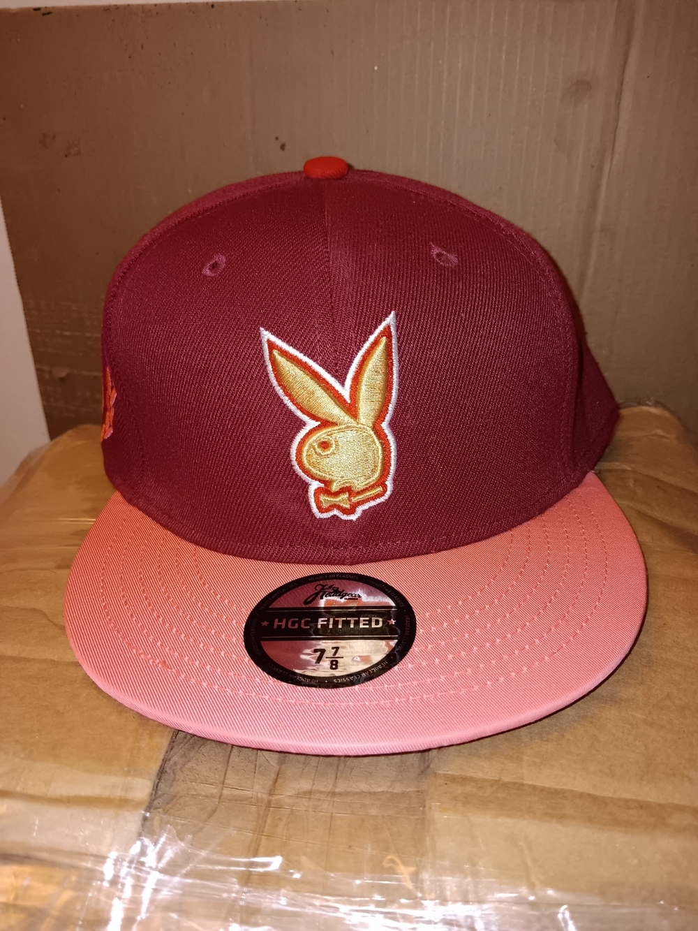 PLAYBOY Maroon and Pink Fitted Hat with Gold Bunny Logo